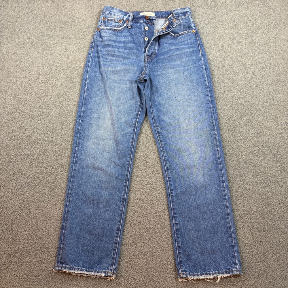 Madwell The Dadjean Women 24 Blue Straight Leg High Rise Raw Hem Button Fly